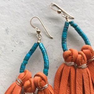 Turquoise & Orange Statement Earrings Gold Accent